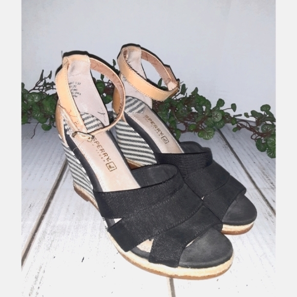 Sperry Top-Sider Striped Ankle Wedge - Black/White - Tan Leather - Picture 5 of 13